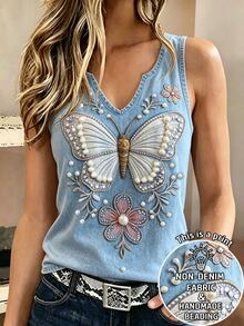 SHEIN Women's Summer Vacation Casual Butterfly Print Tank Top - White - View 4