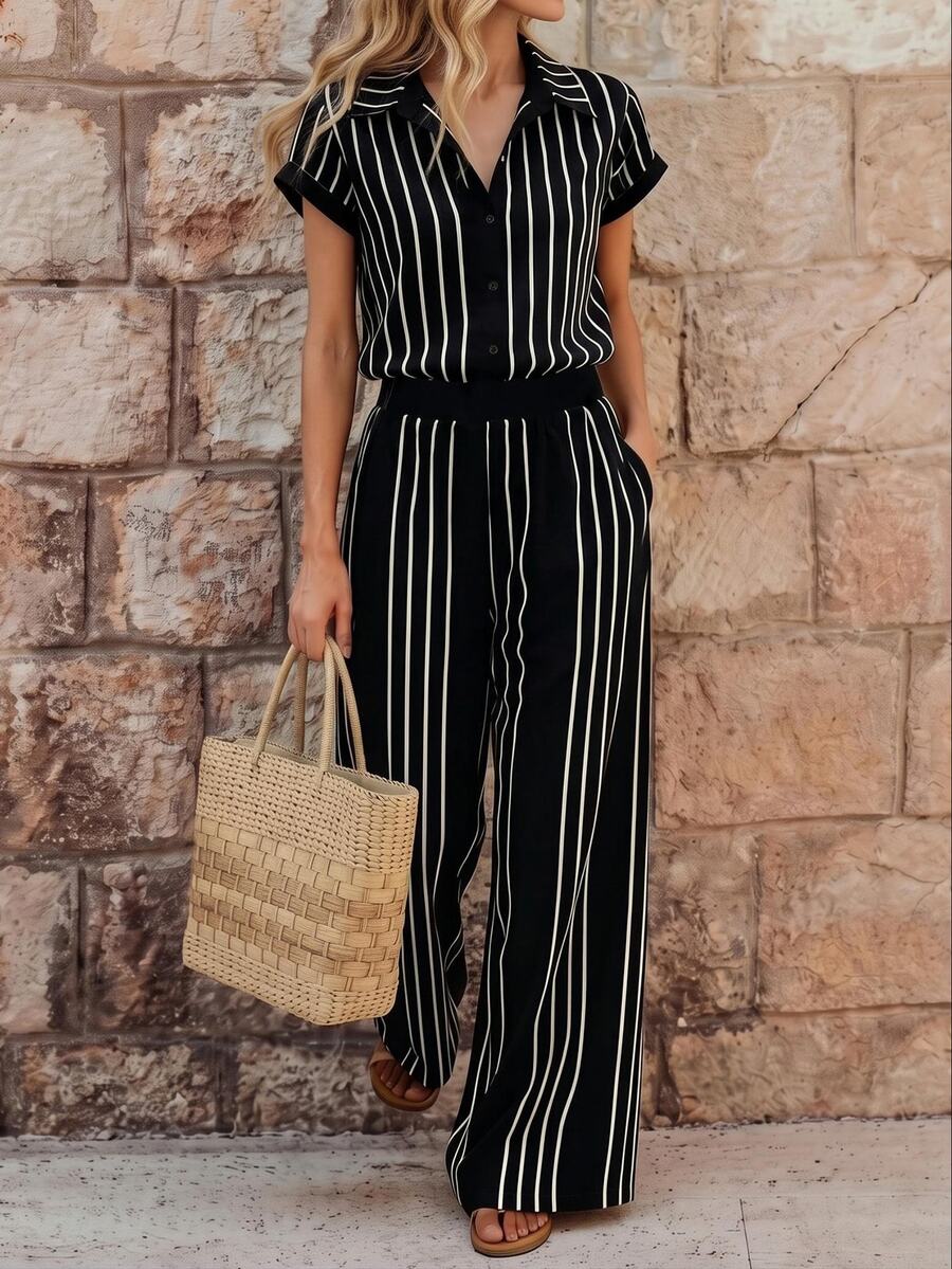 SHEIN Holidaya 女款黑白條紋襯衫與寬腿褲兩件套,優雅通勤休閒度假風時尚日常穿搭 - 彩色 - 查看 1