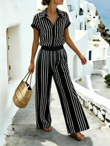SHEIN Holidaya 女款黑白條紋襯衫與寬腿褲兩件套，優雅通勤休閒度假風時尚日常穿搭 - 彩色 - 查看 4