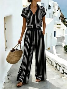 SHEIN Holidaya 女款黑白條紋襯衫與寬腿褲兩件套，優雅通勤休閒度假風時尚日常穿搭 - 彩色 - 查看 6