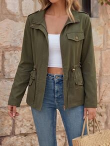 EMERY ROSE Chaqueta entallada de manga larga con cuello alto con cremallera - Verde militar - Ver 1