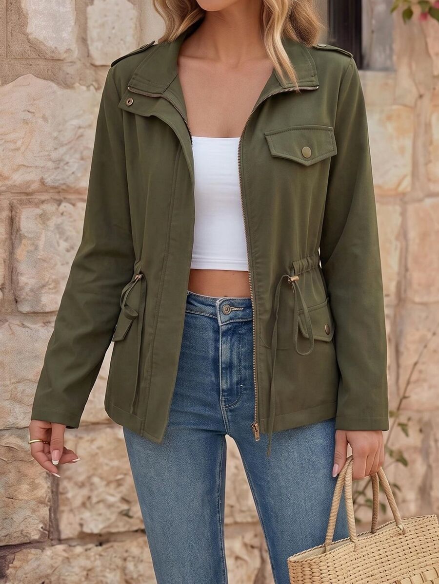 EMERY ROSE Chaqueta entallada de manga larga con cuello alto con cremallera - Verde militar - Ver 1