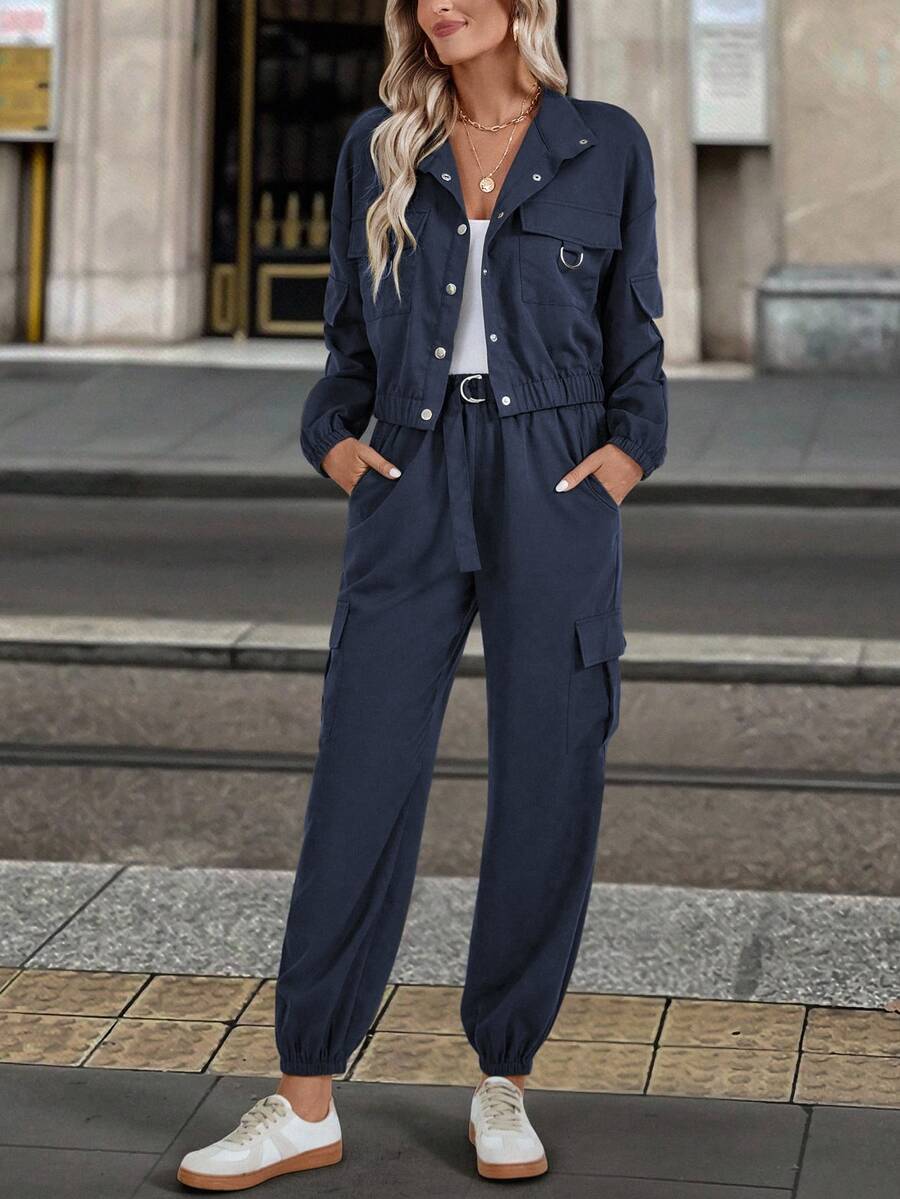 EMERY ROSE Set de 2 piezas de chaqueta y pantalones casuales de unicolor para mujer - Azul Marino - Ver 1