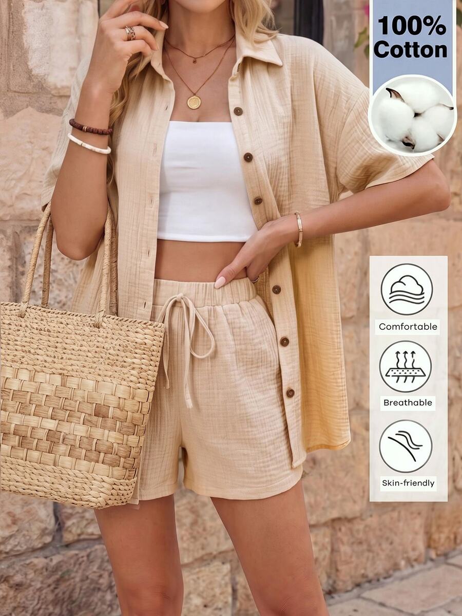 EMERY ROSE Women's Solid Color Short Sleeve Single-Breasted Shirt And Shorts 2 Pieces Set Beach Vacation Beige Summer Tropical European - Apricot - View 1