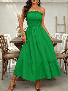 EMERY ROSE Women Casual Strapless Summer Holiday Dress With Simple Frill Trimmed Decoration Maxi Women Outfit - Green - View 5