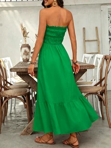 EMERY ROSE Women Casual Strapless Summer Holiday Dress With Simple Frill Trimmed Decoration Maxi Women Outfit - Green - View 2