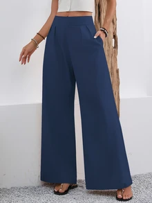 EMERY ROSE Pantalones de pierna ancha de unicolor con bolsillos, casuales - azul real - Ver 7