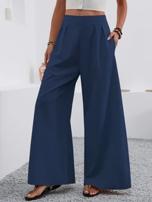 EMERY ROSE Pantalones de pierna ancha de unicolor con bolsillos, casuales - azul real - Ver 6
