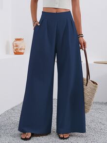 EMERY ROSE Pantalones de pierna ancha de unicolor con bolsillos, casuales - azul real - Ver 3