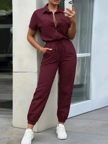 EMERY ROSE Women's Elegant Button Decor Pocket Loose Blouse And Tapered Ankle-Length Jumpsuit, Spring/Summer - Burgundy - View 4
