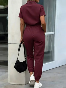 EMERY ROSE Women's Elegant Button Decor Pocket Loose Blouse And Tapered Ankle-Length Jumpsuit, Spring/Summer - Burgundy - View 2