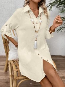 EMERY ROSE Women's Solid Color Roll-Up Sleeve Single-Breasted Loose Casual Shirt Dress Fall Cloth For Women - Apricot - View 4