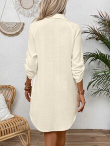 EMERY ROSE Women's Solid Color Roll-Up Sleeve Single-Breasted Loose Casual Shirt Dress Fall Cloth For Women - Apricot - View 2