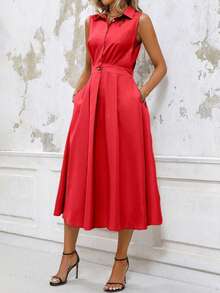 EMERY ROSE Women's Solid Color Minimalist Daily A-Line Sleeveless Dress For New Year Clothes Maxi Women Outfit - Red - View 6
