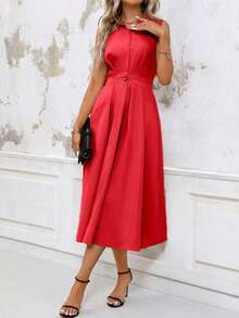 EMERY ROSE Women's Solid Color Minimalist Daily A-Line Sleeveless Dress For New Year Clothes Maxi Women Outfit - Red - View 8