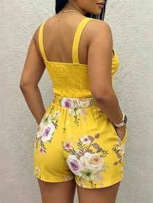 EMERY ROSE 女士夏季时尚度假风水钻装饰褶皱吊带背心和印花短裤套装 - 黃色 - 查看 2