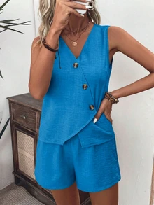 EMERY ROSE Women's Solid Color Single-Breasted Vest And Shorts Casual 2 Pieces Set Brunch Vacation Aqua Blue Summer - Blue - View 4