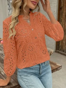 EMERY ROSE Women's V-Neck Ruffle Trim Button Embroidery Hollow Long Sleeve Casual Linen Blouse - Orange - View 6