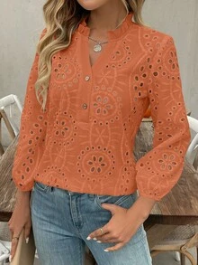 EMERY ROSE Women's V-Neck Ruffle Trim Button Embroidery Hollow Long Sleeve Casual Linen Blouse - Orange - View 4