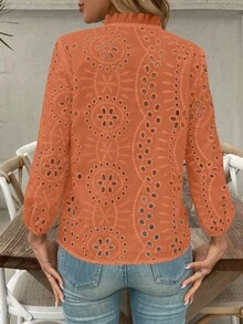 EMERY ROSE Women's V-Neck Ruffle Trim Button Embroidery Hollow Long Sleeve Casual Linen Blouse - Orange - View 2