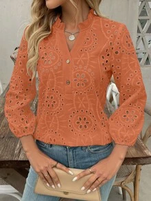 EMERY ROSE Women's V-Neck Ruffle Trim Button Embroidery Hollow Long Sleeve Casual Linen Blouse - Orange - View 8