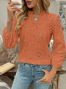 EMERY ROSE Women's V-Neck Ruffle Trim Button Embroidery Hollow Long Sleeve Casual Linen Blouse - Orange - View 5