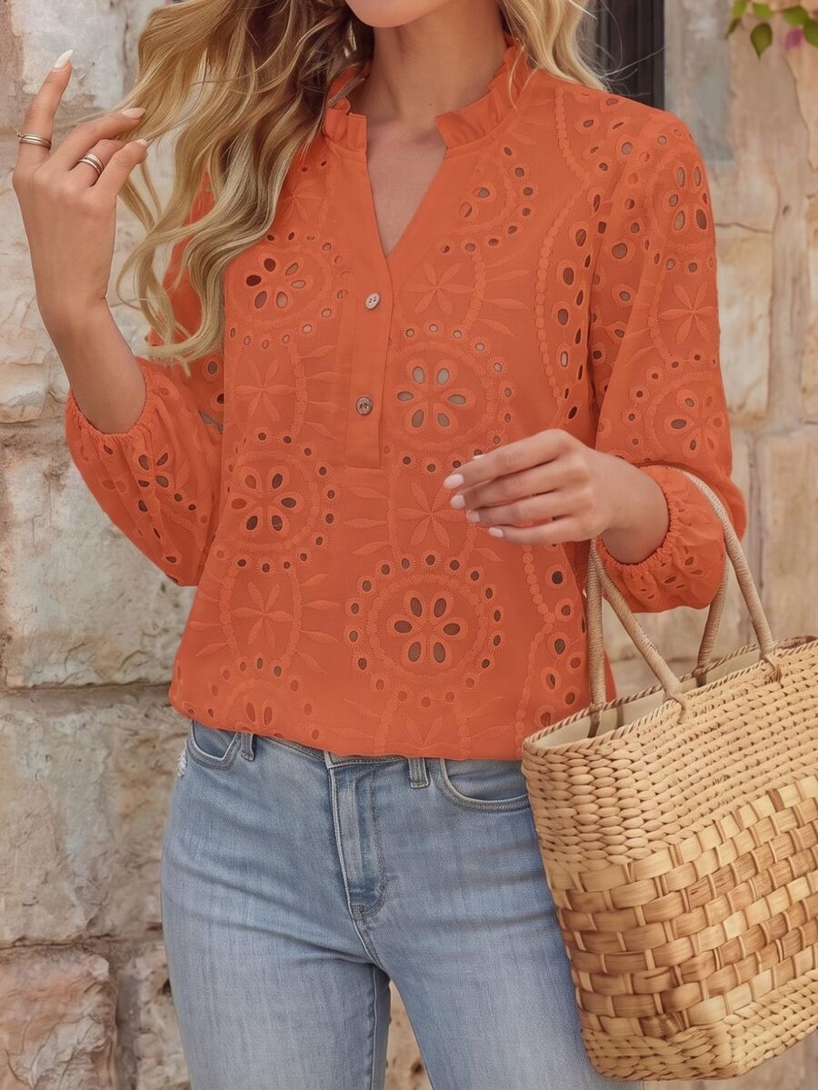 EMERY ROSE Women's V-Neck Ruffle Trim Button Embroidery Hollow Long Sleeve Casual Linen Blouse - Orange - View 1