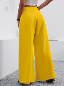 EMERY ROSE Casual Solid Color Wide Leg Pants - Yellow - View 2