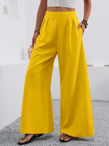 EMERY ROSE Casual Solid Color Wide Leg Pants - Yellow - View 5