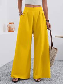 EMERY ROSE Casual Solid Color Wide Leg Pants - Yellow - View 3