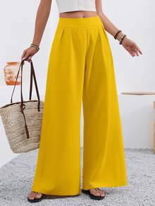 EMERY ROSE Casual Solid Color Wide Leg Pants - Yellow - View 6