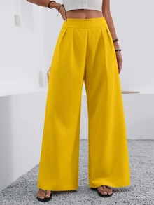 EMERY ROSE Casual Solid Color Wide Leg Pants - Yellow - View 4