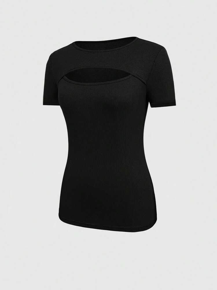 EMERY ROSE Women's Round Neck Short Sleeve Hollow Out T-Shirt - Black - View 5