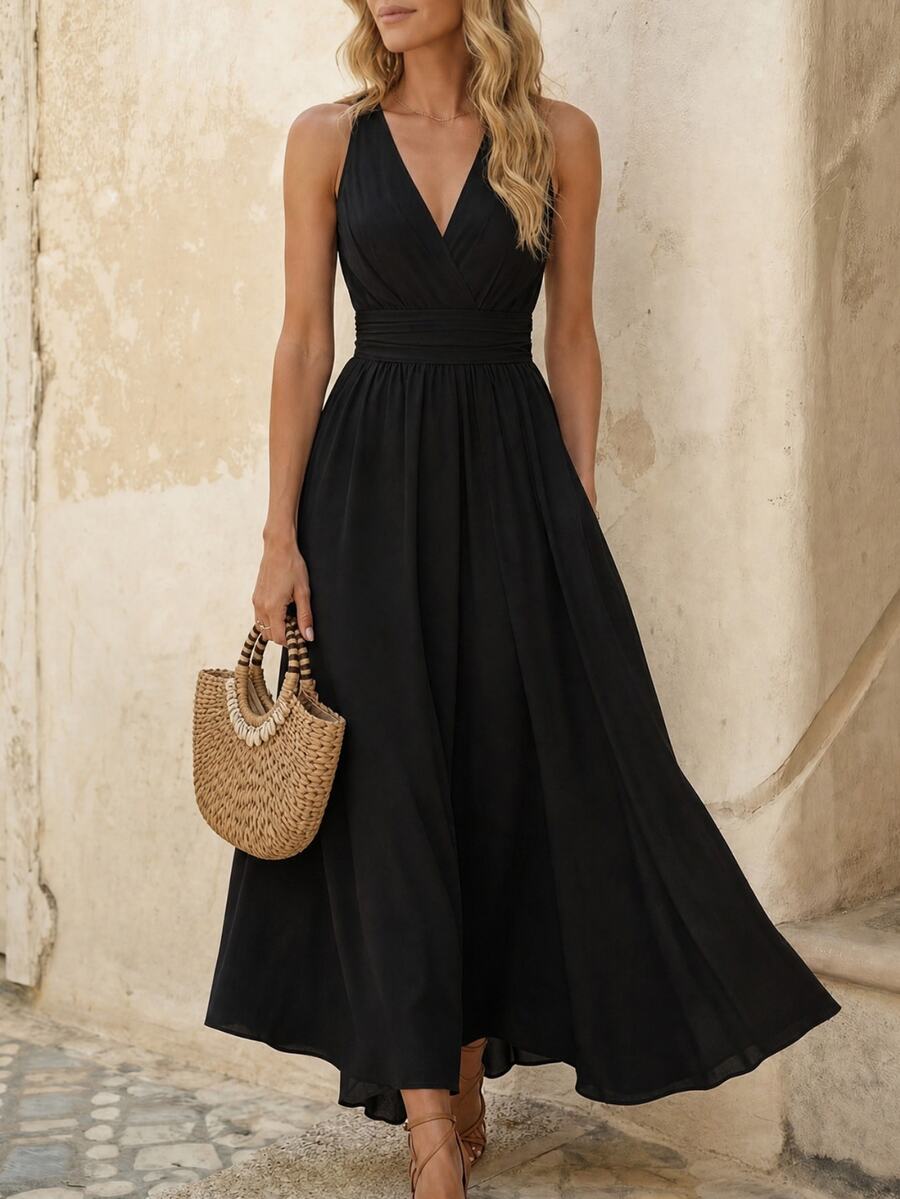EMERY ROSE Waist-Cinching Slimming Elegant French Commute Vintage Sleeveless Vacation A-Line Full Skirt Midi Dress For Women - Black - View 1