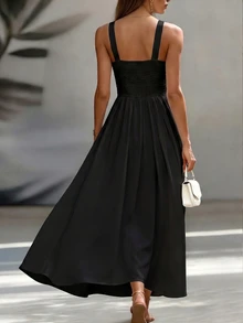EMERY ROSE Waist-Cinching Slimming Elegant French Commute Vintage Sleeveless Vacation A-Line Full Skirt Midi Dress For Women - Black - View 2