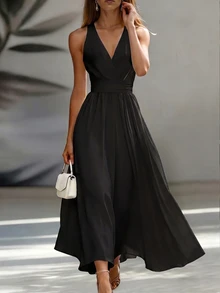 EMERY ROSE Waist-Cinching Slimming Elegant French Commute Vintage Sleeveless Vacation A-Line Full Skirt Midi Dress For Women - Black - View 4