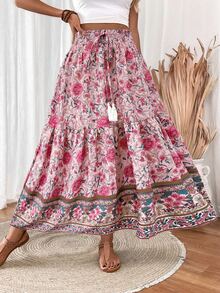 EMERY ROSE Women's Drawstring Waist Tassels Decor A-Line Ruffle Hem Skirt Maxi Vacation Beach Fall Cloth For Women - Pink - View 3