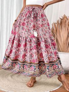EMERY ROSE Women's Drawstring Waist Tassels Decor A-Line Ruffle Hem Skirt Maxi Vacation Beach Fall Cloth For Women - Pink - View 4