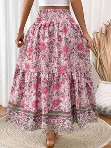 EMERY ROSE Women's Drawstring Waist Tassels Decor A-Line Ruffle Hem Skirt Maxi Vacation Beach Fall Cloth For Women - Pink - View 2