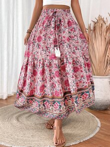 EMERY ROSE Women's Drawstring Waist Tassels Decor A-Line Ruffle Hem Skirt Maxi Vacation Beach Fall Cloth For Women - Pink - View 5