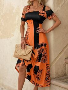 EMERY ROSE Women's Colorblock Dress, Suitable For Summer Maxi Women Outfit - Orange - View 1
