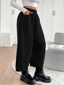 EMERY ROSE Damer i enfärgad elastisk midja fickdesign Lösa Casual byxor - Svart - Visa 6