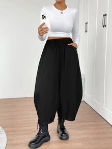 EMERY ROSE Damer i enfärgad elastisk midja fickdesign Lösa Casual byxor - Svart - Visa 4