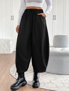 EMERY ROSE Damer i enfärgad elastisk midja fickdesign Lösa Casual byxor - Svart - Visa 5