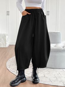 EMERY ROSE Damer i enfärgad elastisk midja fickdesign Lösa Casual byxor - Svart - Visa 3