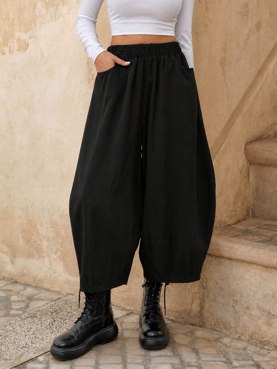EMERY ROSE Damer i enfärgad elastisk midja fickdesign Lösa Casual byxor - Svart - Visa 1