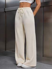 EMERY ROSE Women Ivory Color Thermal Lined Elastic Waist Drawstring Loose Pants Fall Cloth For Women - Beige - View 11