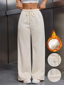 EMERY ROSE Women Ivory Color Thermal Lined Elastic Waist Drawstring Loose Pants Fall Cloth For Women - Beige - View 2