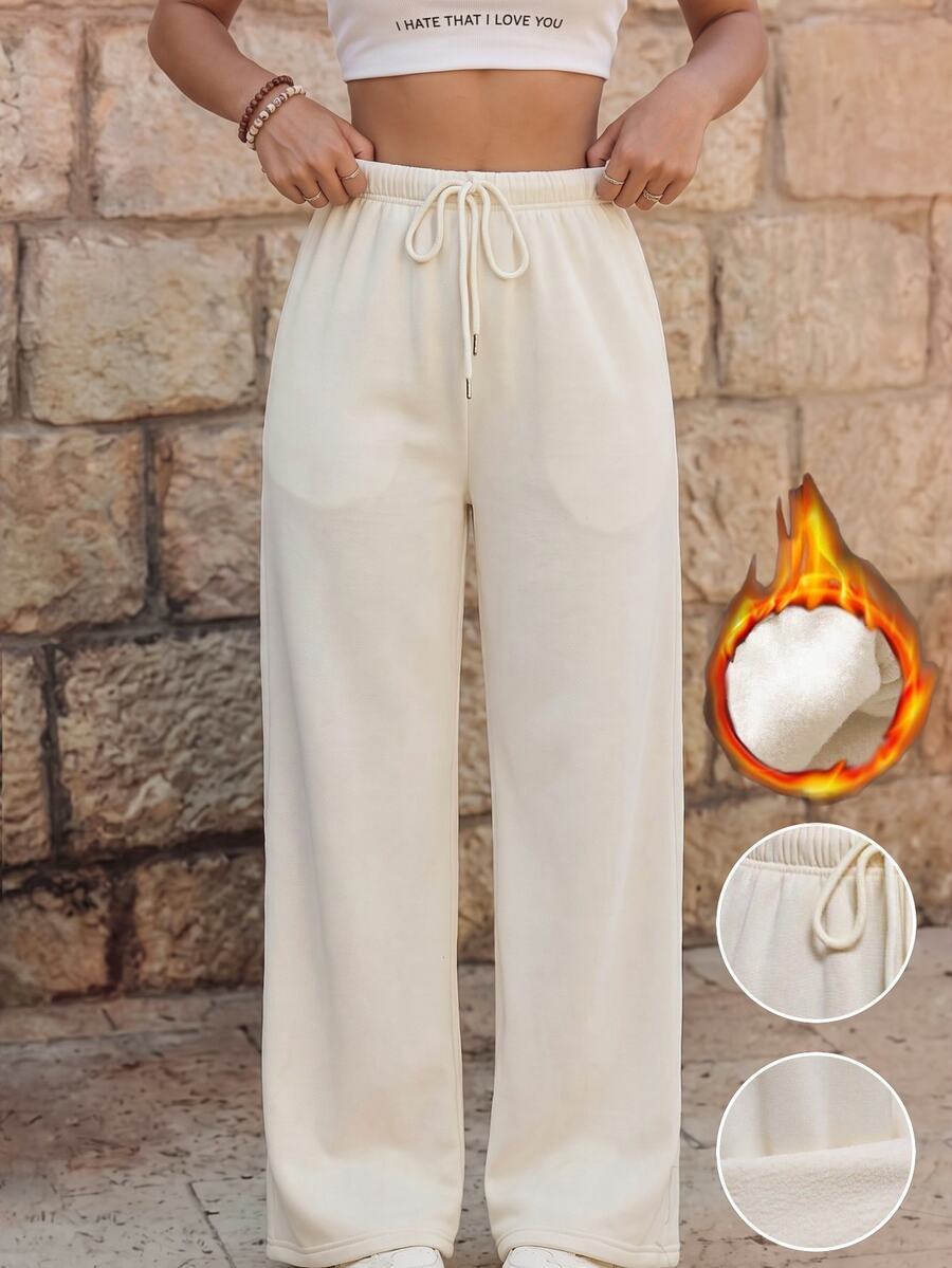 EMERY ROSE Women Ivory Color Thermal Lined Elastic Waist Drawstring Loose Pants Fall Cloth For Women - Beige - View 1