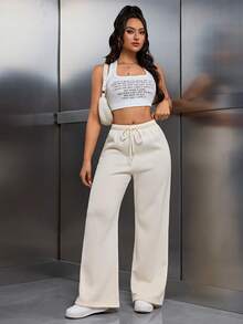EMERY ROSE Women Ivory Color Thermal Lined Elastic Waist Drawstring Loose Pants Fall Cloth For Women - Beige - View 7